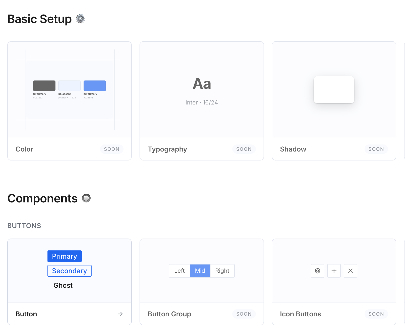 Design system component cards showing Color, Typography, Shadow tokens and Button components
