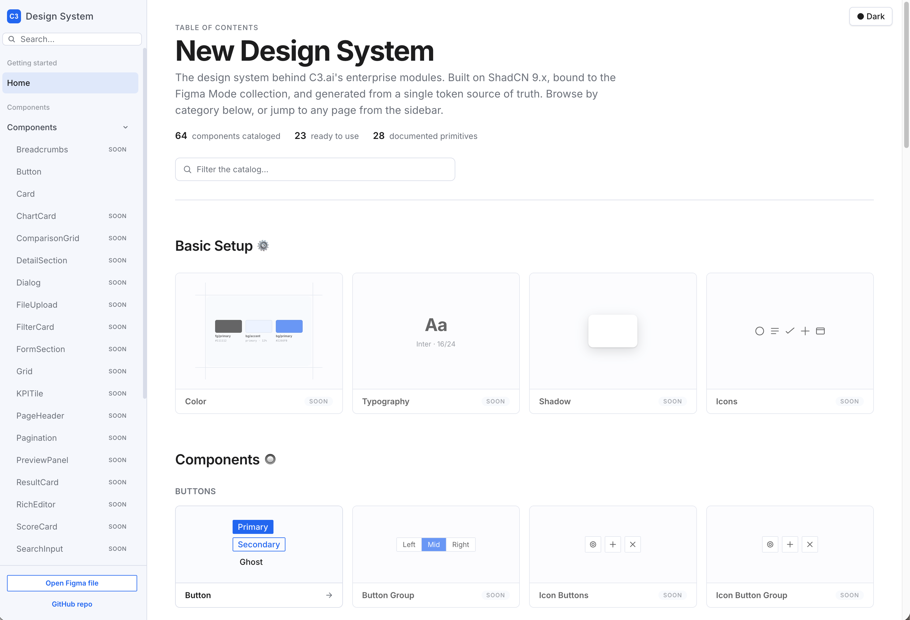 The Claude-coded design system documentation site showing component catalog, sidebar navigation, and Figma/GitHub links