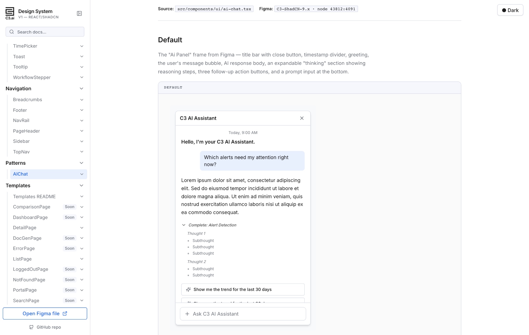 C3 AI Assistant drawer — greeting, user prompt, response with thinking steps and suggested actions