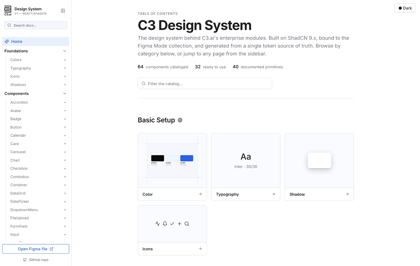 C3 Design System docs home — sidebar with c3.ai logo, component catalog grid